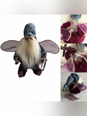 Velvet Fairy Elf Figurine with Long White Beard, Decorative Wings and Long Hat